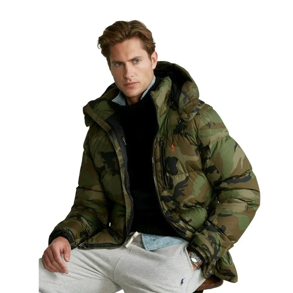 Polo Ralph Lauren Camo Boulder Down Puffer Jacket Men L Leather Trim Hooded NWOT